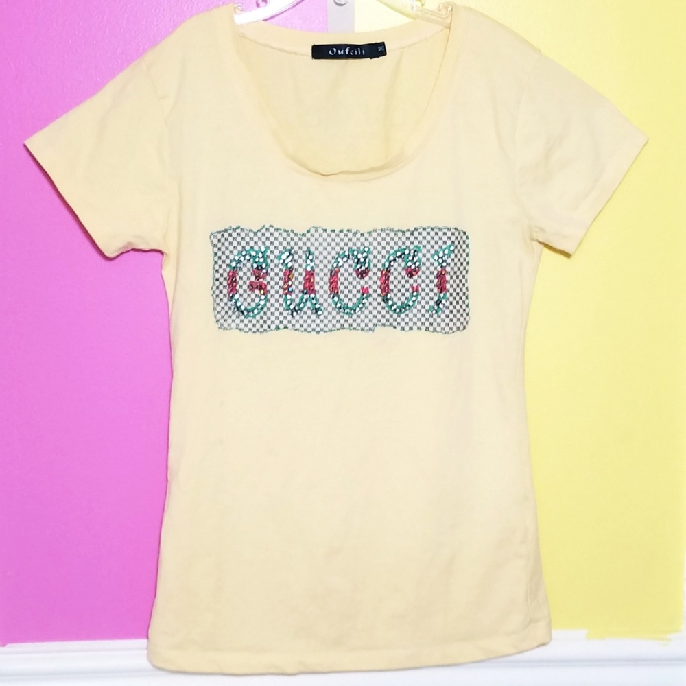 Gucci Yellow Logo Tee with Floral Detail